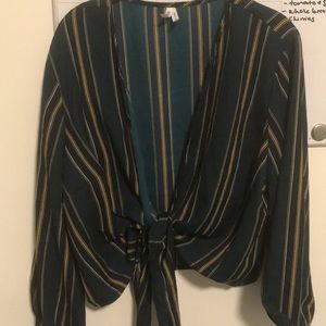 Green with blue, gold and white stripes crop top